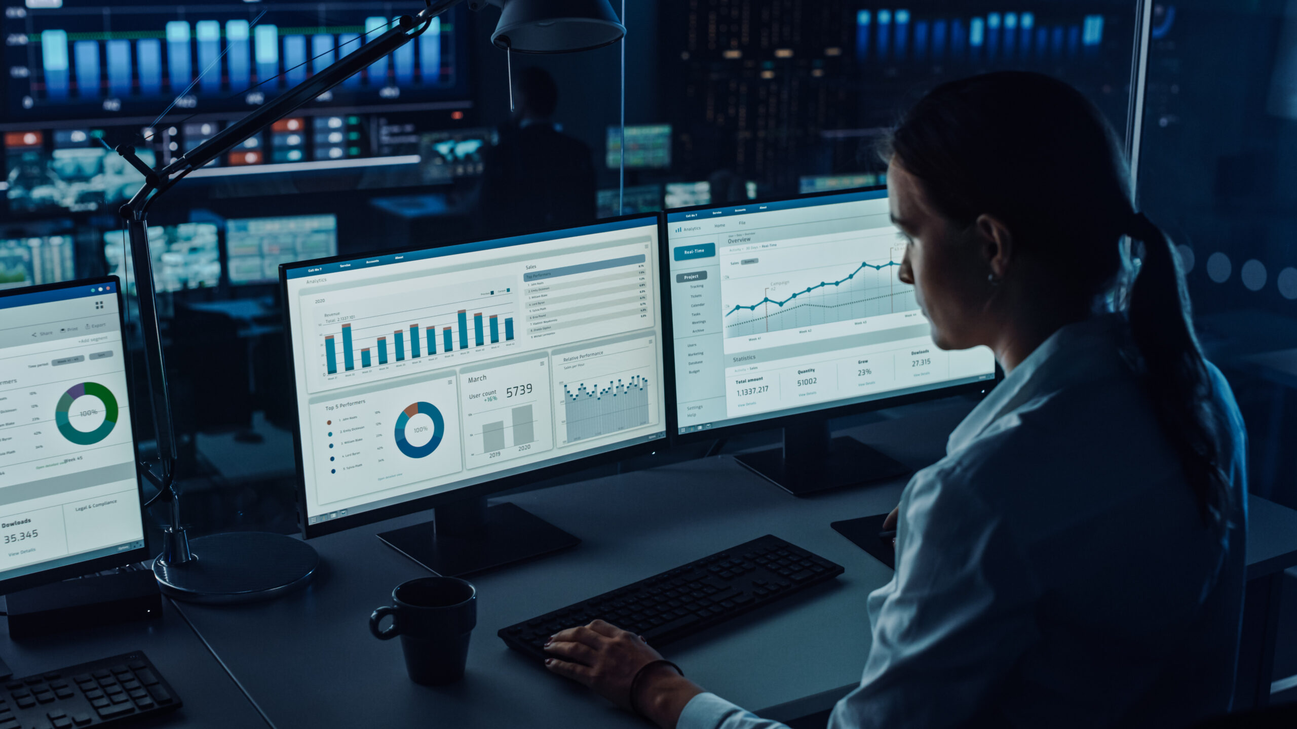 Professional Financial Data Analysts Working in a Modern Monitoring Office with Live Analytics Feed on a Big Digital Screen. Monitoring Room with Finance Specialists Sit in Front of Computers.
