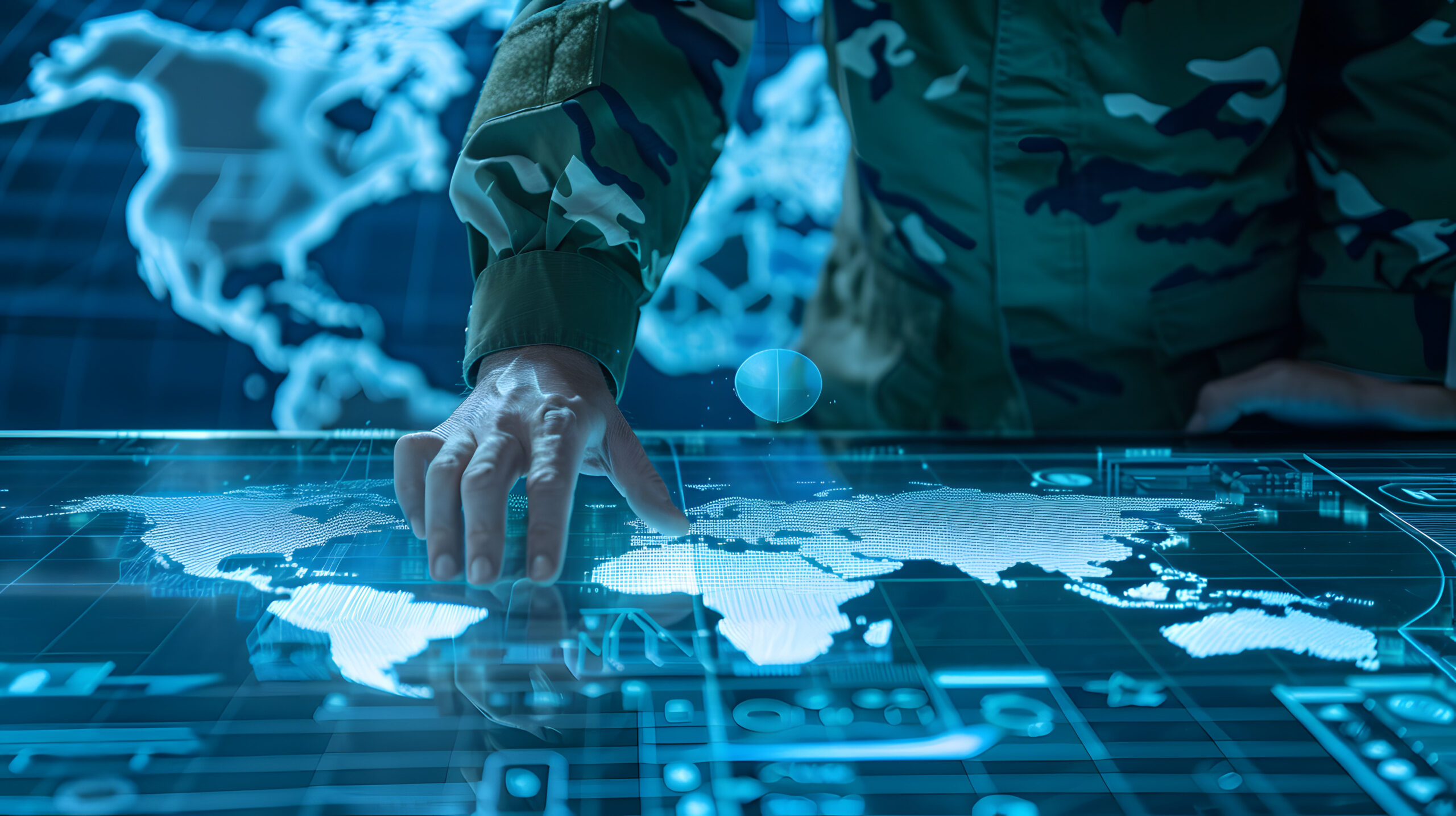 Close-Up of Military Strategist Analyzing Holographic 3D Map of Potential Geopolitical Risks, Focusing on Strategic Assets and Key Locations.